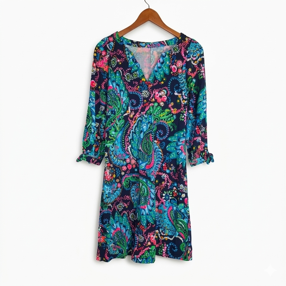 Lilly Pulitzer Multicolor Cotton Paisley V-Neck Shift Dress 3/4 Tie Sleeve Sz S
